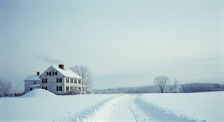 An old farm house in the middle of a snowy field in winter.の素材