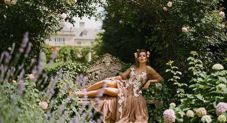 Beautiful bride in elegant dress posing in the garden on the benchの素材