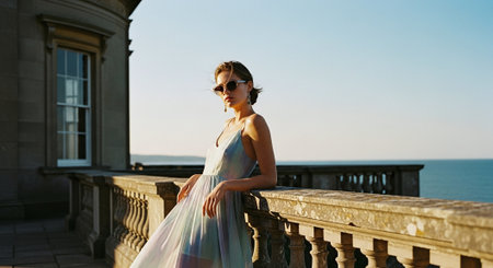 Portrait of a beautiful young woman in a dress on the terraceの素材