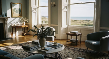 Cozy living room with armchairs and books on the windowsillの素材