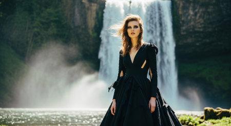Portrait of a beautiful girl in a black dress on the background of a waterfallの素材