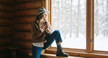 Young woman with a cup of coffee sitting on the windowsill in winterの素材