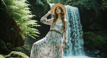 Beautiful young woman in a long dress and hat in the jungleの素材