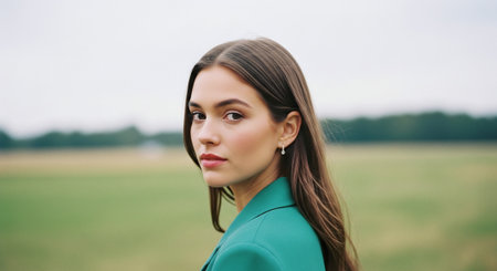 Portrait of a beautiful young woman in a green coat posing in the fieldの素材
