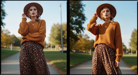 collage of stylish woman in hat and leopard print skirt in autumn parkの素材