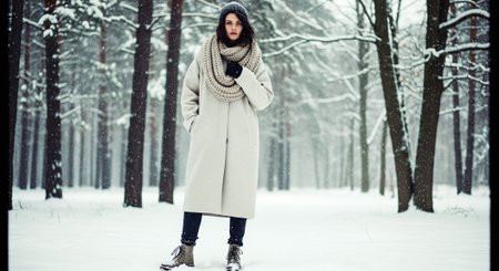 Beautiful young brunette woman in a long coat and knitted scarf in the winter forest.の素材