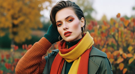 Beautiful young woman with red lips and bright make-up in autumn parkの素材