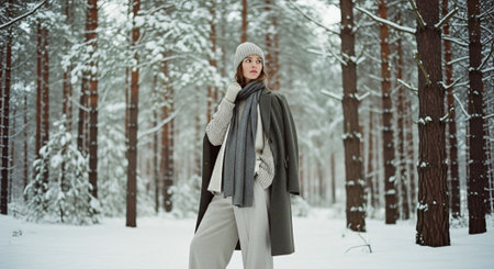 Portrait of a young beautiful woman in a gray coat in a winter forestの素材