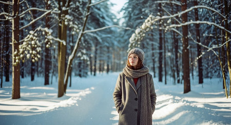 A young woman in a gray coat walks in the winter forest.の素材