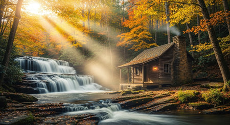 Waterfall in the autumn forest with a wooden house and a millの素材