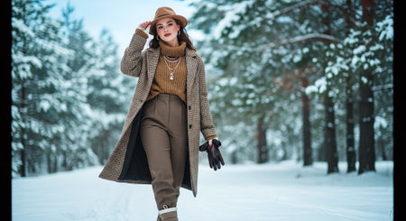 Portrait of a beautiful young woman in a hat and coat posing in the winter forest.の素材