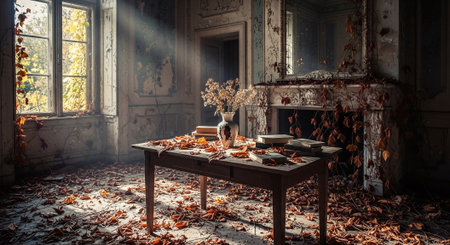 The interior of an abandoned house with a table, chairs and autumn leavesの素材