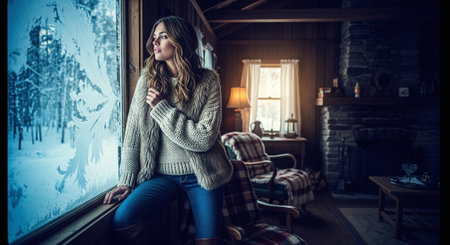 Beautiful young woman sitting on the windowsill at home in winterの素材