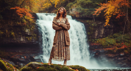 Autumn portrait of a beautiful woman standing in front of a waterfallの素材