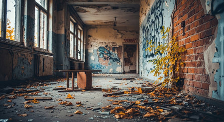 Abandoned interior of an old factory building with brick walls and wooden floor.の素材
