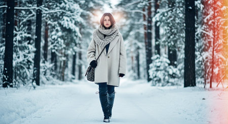Beautiful young woman walking in the winter forest. Winter fashion.の素材