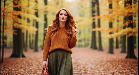 Beautiful redhead girl in autumn park. Beauty, fashion.の素材