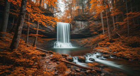 Autumn landscape with a waterfall in the forest. Long exposure.の素材
