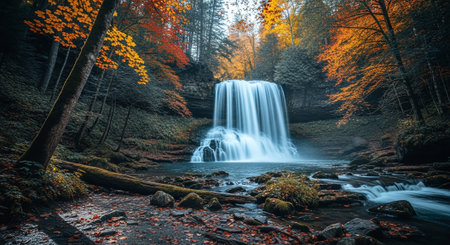 Autumn waterfall in the forest. Colorful autumn landscape with a waterfall.の素材