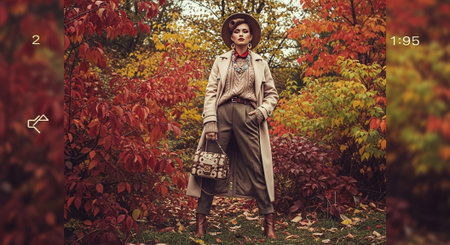 Autumn fashion. Full length portrait of beautiful young woman in hat and coat posing in autumn park.の素材