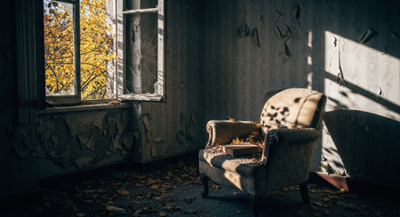 Abandoned room with an armchair in the middle of autumnの素材