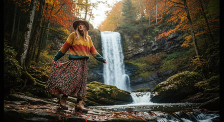Young woman in a hat standing in front of a waterfall in autumn forestの素材