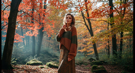 Beautiful young woman in the autumn forest. Beauty, fashion.の素材
