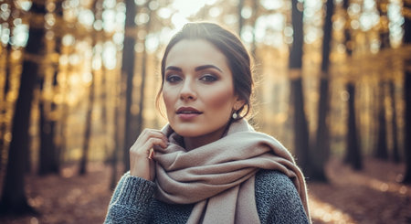 Portrait of a beautiful young woman in the autumn forest. Beauty, fashion.の素材