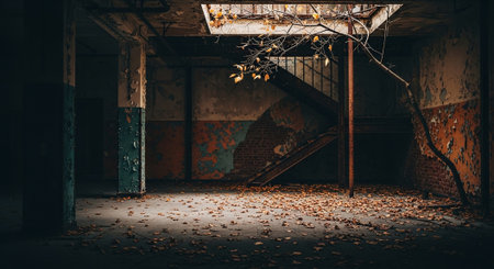 Abandoned industrial interior with stairs and fallen autumn leaves. 3D Renderingの素材