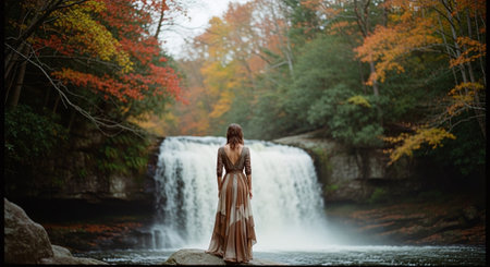 Beautiful woman in a long dress standing on a rock by a waterfallの素材