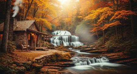 Autumn waterfall in the forest. Beautiful nature landscape with waterfall in the forest.の素材