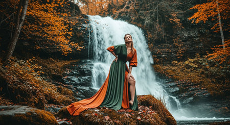 Beautiful woman in a long green dress with an orange cape against the background of a waterfallの素材
