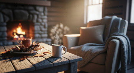 Cup of hot drink on wooden table in cozy living room with fireplaceの素材
