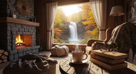 A cup of tea on the background of a beautiful autumn landscape.の素材