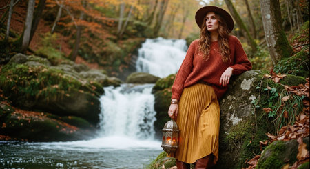 Beautiful young woman in a hat with a lantern in autumn forestの素材