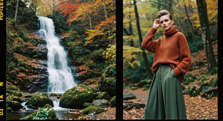 Fashionable young woman in a sweater and a long skirt posing near a waterfall in the autumn forest.の素材
