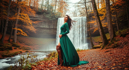 Beautiful young woman in long green dress posing near waterfall in autumn forestの素材