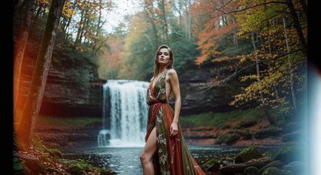 Beautiful girl in a long red dress with a waterfall in the backgroundの素材