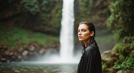 Portrait of a beautiful girl in a black dress near a waterfallの素材