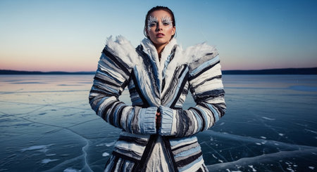 Beautiful young woman in a winter coat on the ice of Lake Baikalの素材