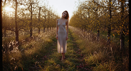 Young beautiful woman walking in the apple orchard at sunset, wearing white dressの素材