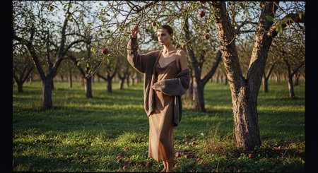 Beautiful young woman picking ripe apples from an apple tree in orchardの素材