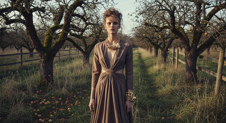 Beautiful young woman in a long dress in an apple orchardの素材