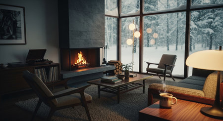 Interior of a living room in a modern house in winter. 3d renderingの素材
