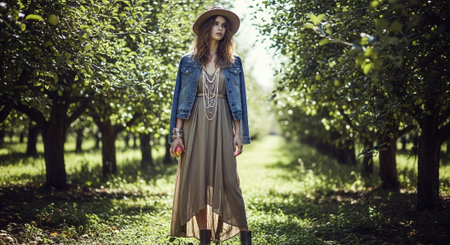 Beautiful young woman in a hat in an apple orchard.の素材