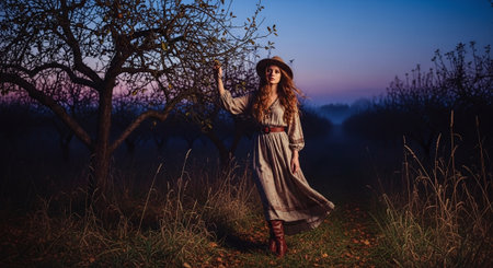 Beautiful young woman in a long dress and hat on the background of an apple orchard.の素材
