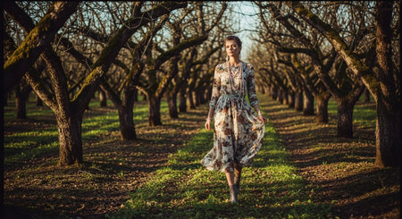 Beautiful young woman in long dress walking in the apple orchardの素材