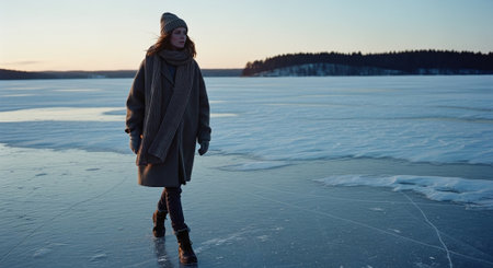 Beautiful young woman standing on the ice of a frozen lake.の素材