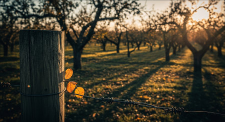 Autumnal apple orchard with old wooden fence and fallen leavesの素材