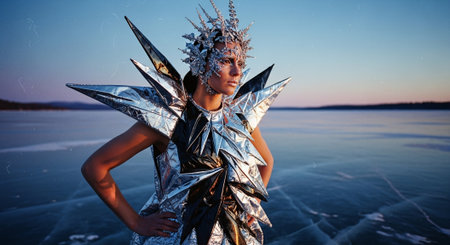 Beautiful young woman in silver costume posing on frozen lake at sunsetの素材